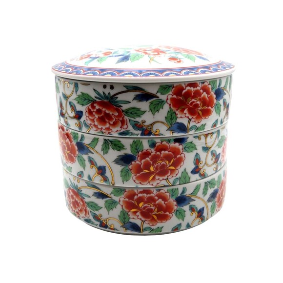 Vintage Stacking 3 Tier Container with Lid Floral Jubako Bento Takahashi Japan